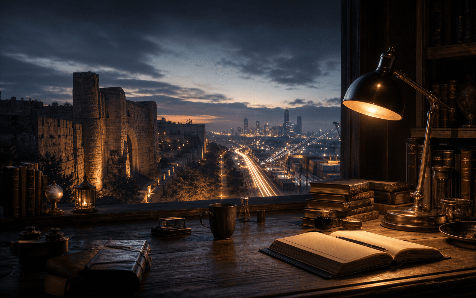 An author desk overlooking ancient walls, a modern city, and ordered lines of light